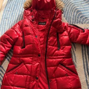 Guess Shiny Red Quilted Puffer Jacket with Hood